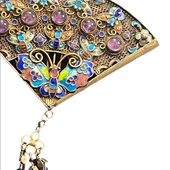 Antique silver sterling 925 China filagree enameled butterfly amethyst brooch - Picture 6 of 12